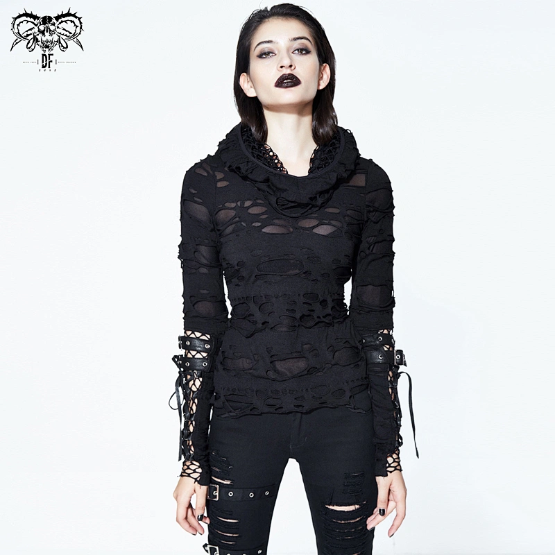TT096 best seller women shabby clothes broken holes hooded finger covered mesh cuff punk sexy women top