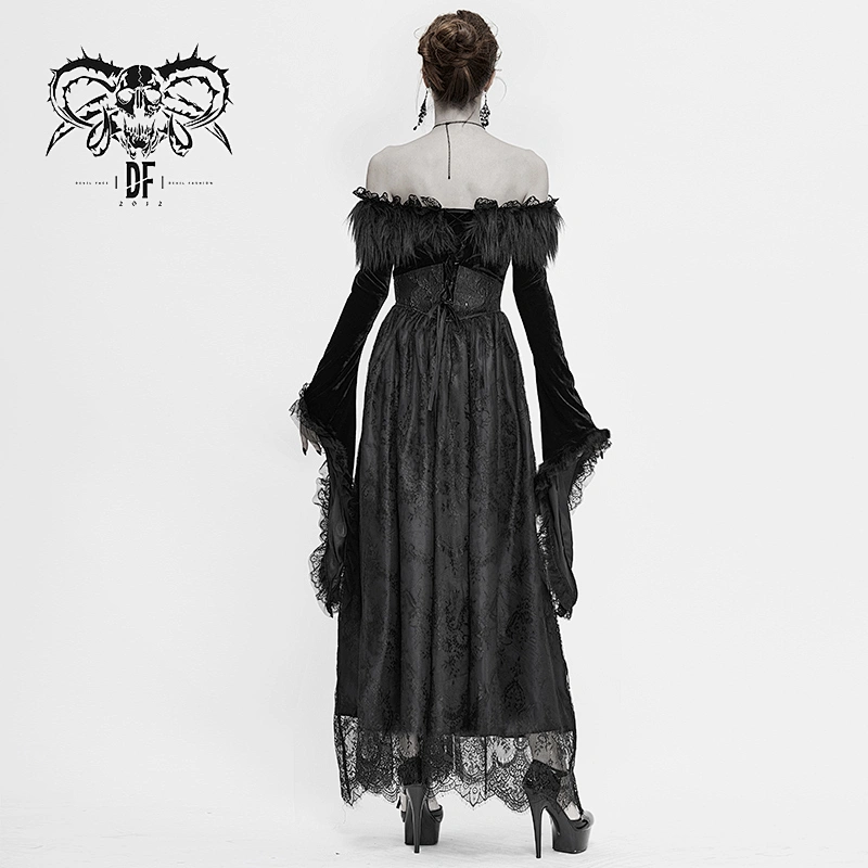 SKT120 Gothic party noble queen black fur off shoulder flared sleeves lace pleated long formal dress