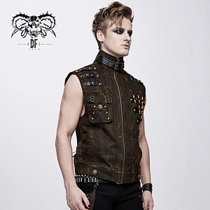 WT038 movie brown heavy metal steampunk string design zipper up men vest with pocket
