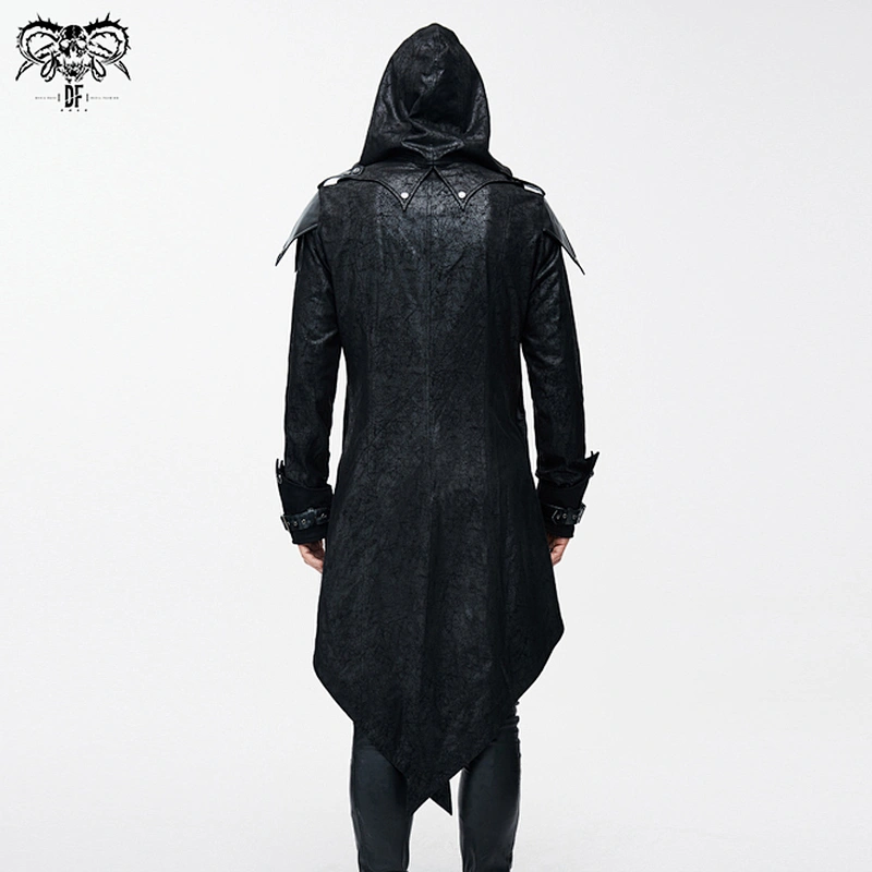 CT06901 devill fashion handsome dark grain false two pieces lapel collar punk hooded men long leather coat