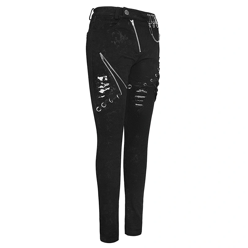 PT120 Devil fashion punk rock black women printed ripped jeans with chain