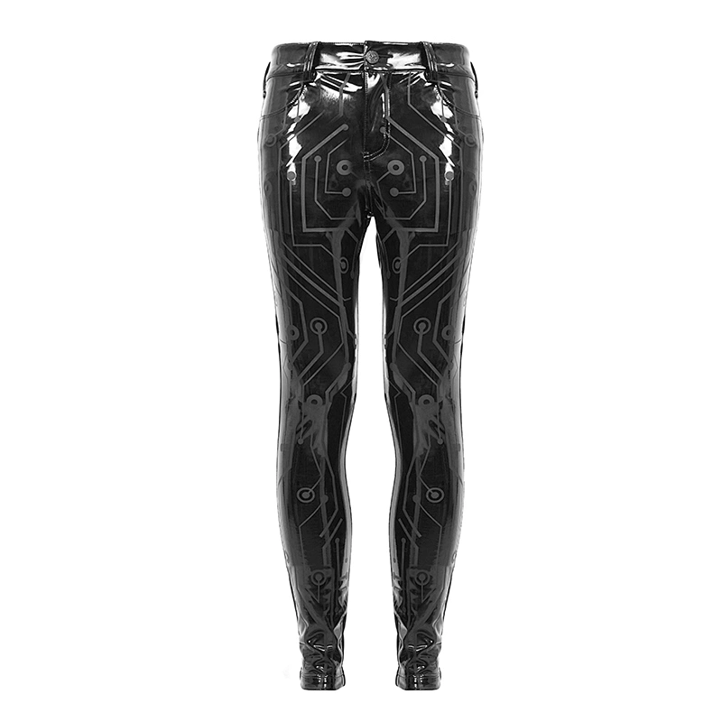 PT133 Devil fashion Cyber punk circuit printed high quality stretch glazed leather men tight trousers