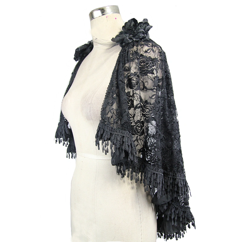 CA013 Devil fashion black rose sexy women gothic lace shawl with tassel