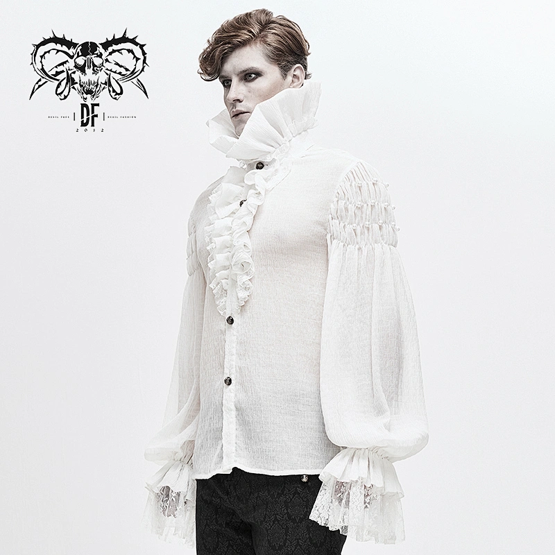 SHT05002 Gothic event mesh cuff stand collar pleated chiffon white flounces loose men shirts