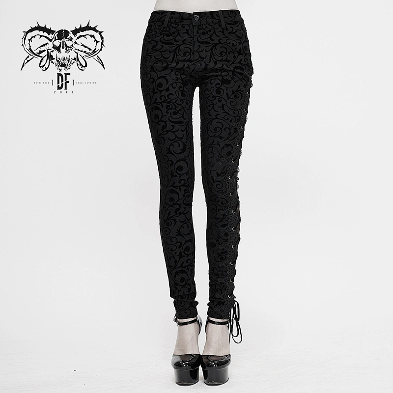 PT135 Devil fashion Gothic flocking patterned lace up asymmetrical small rose net sexy women leggings