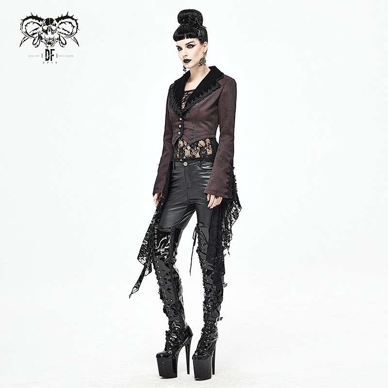 CT170 wine vertical striped wavy pattern Gothic swallow-tailed jacket with detachable lace hem
