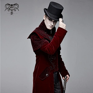 CT13402 red embroidered stand collar men gothic party zipper up velvet long coat
