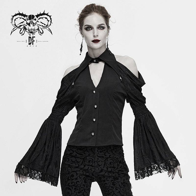 SHT051 Gothic daily life off the shoulder flare sleeves sexy ladies stretchy floral V-neck black blouse