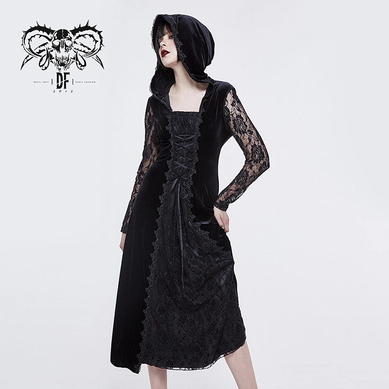SKT085 autumn black nipped waist slender gothic witch rose lace sleeves hooded long velvet dress