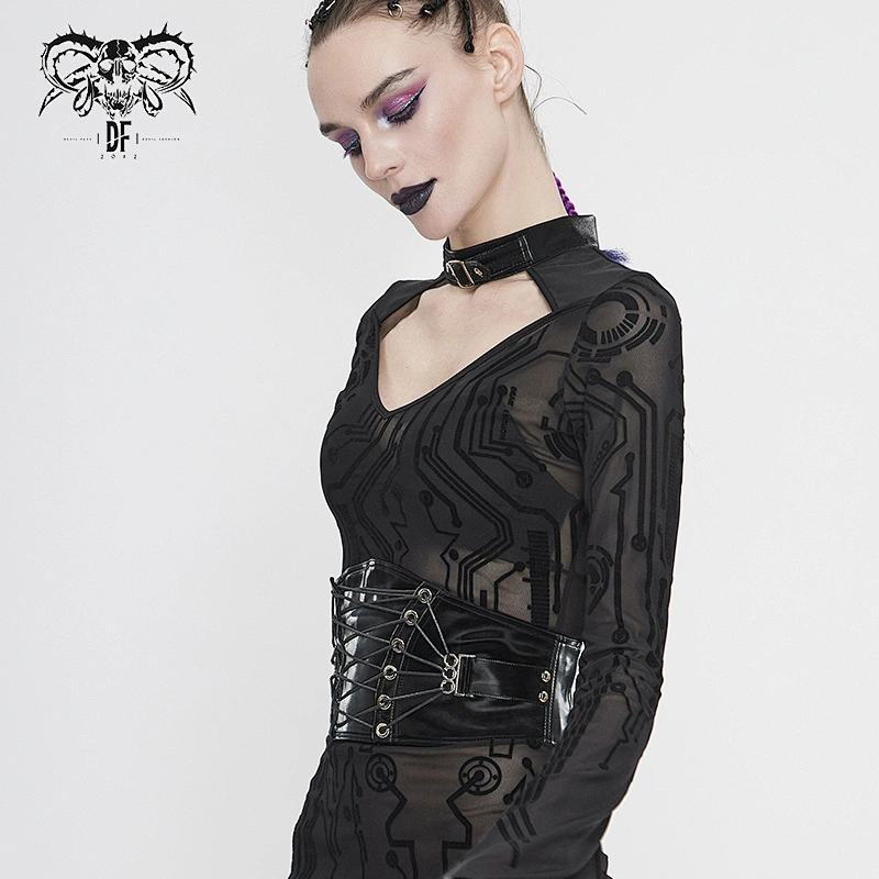 AS046 newest devil fashion gloss punk black Fan-shaped women lace up leather corset