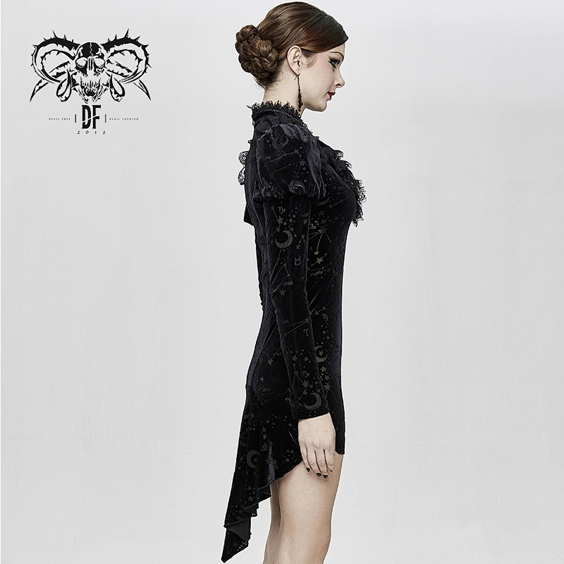 SKT100 daily style stars and moon pattern sexy ladies long-sleeved stand collar velvet dress