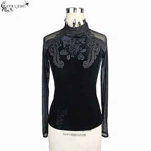ETT005 Eva Lady sexy mesh sleeves small standing collar black lace rose gothic festival velvet T-shirts