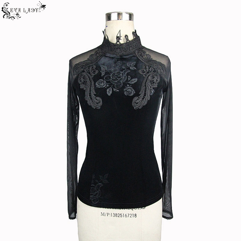 ETT005 Eva Lady sexy mesh sleeves small standing collar black lace rose gothic festival velvet T-shirts