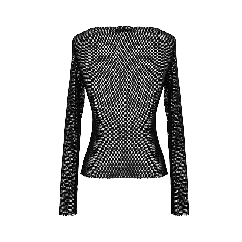 TT135 wildest leather skull palm hexagonal diamond mesh sexy women long sleeves punk transparent T-shirt