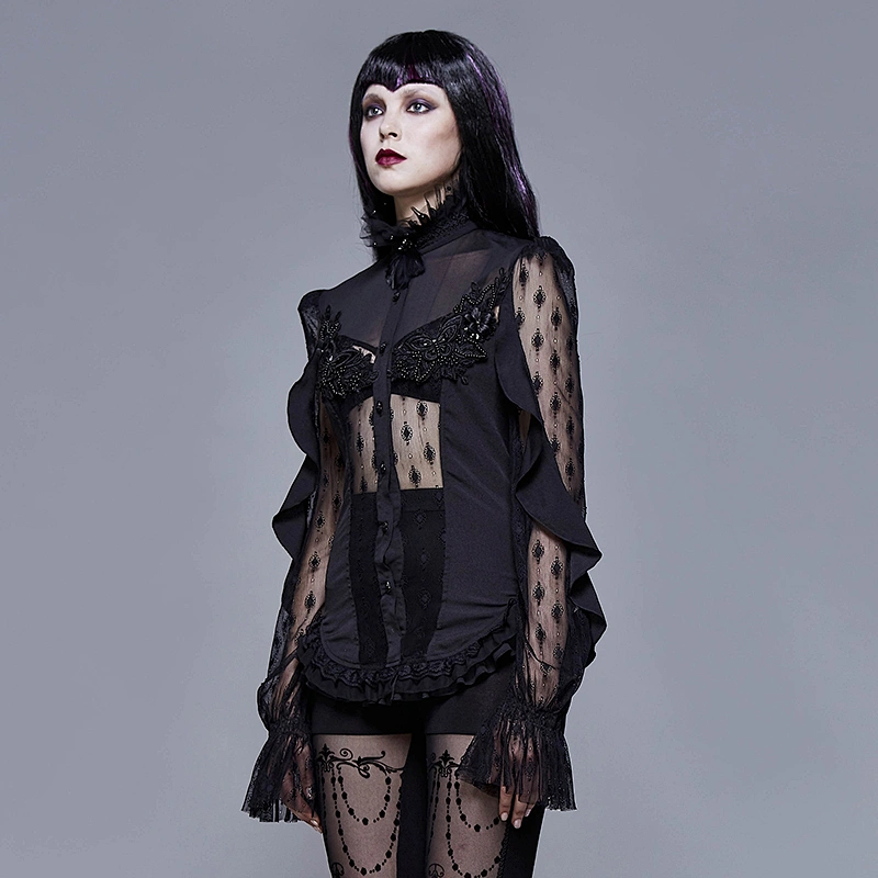 ESHT005 Eva lady evening party see through high collar beaded flowers bandage black gothic sexy lace blouse
