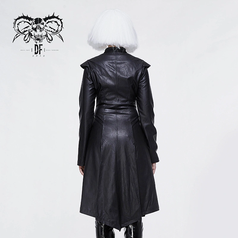 CT112 women bare breast short front and long back waisted punk leather coat with loops