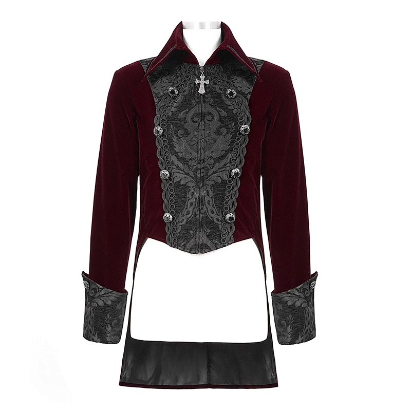 CT14102 devill fashion short front and long back blue blooded turn down collar Gothic patterned wine velvet men coat