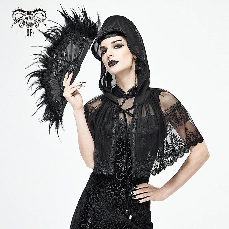 CA022 witch darkness Gauzy mesh hooded black gothic short small lace cape with pendant