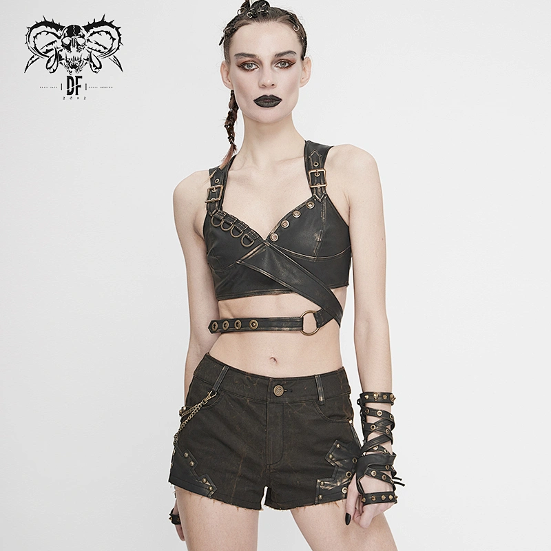 WT054 metallic eyelets hollow out Steampunk brown sexy women retro distressed leather vest