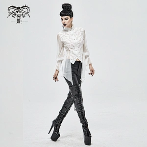 SHT06802 white elegant women Summer see through Gothic palace flower mesh spliced laced up Chiffon blouse