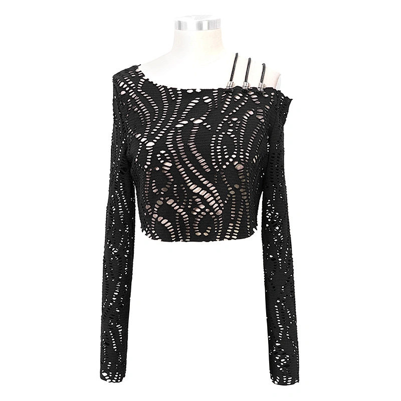 TT153 black punk daily life off the shoulder stylish hollow out long sleeve sexy girls fitted short t-shirts