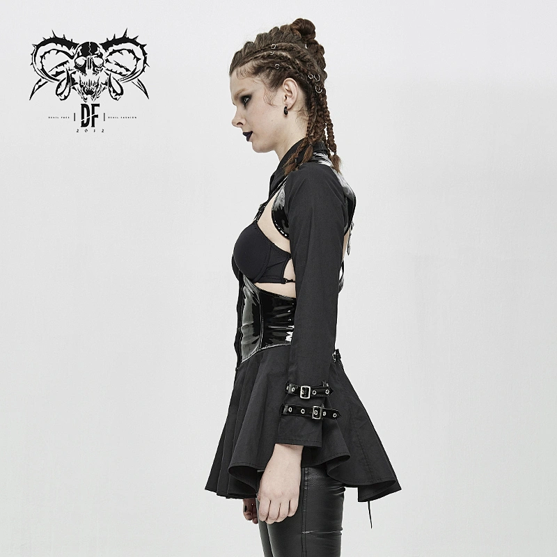SHT039 Devil Fashion pub punk sexy women hollow out bright leather fetish shirt dress