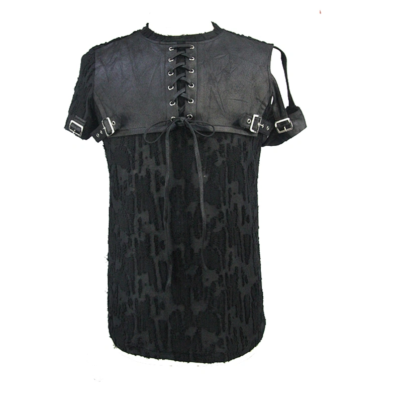 TT097 stage patterned men sleeve removable black punk rock laced up hollow out T-shirt with leather loops