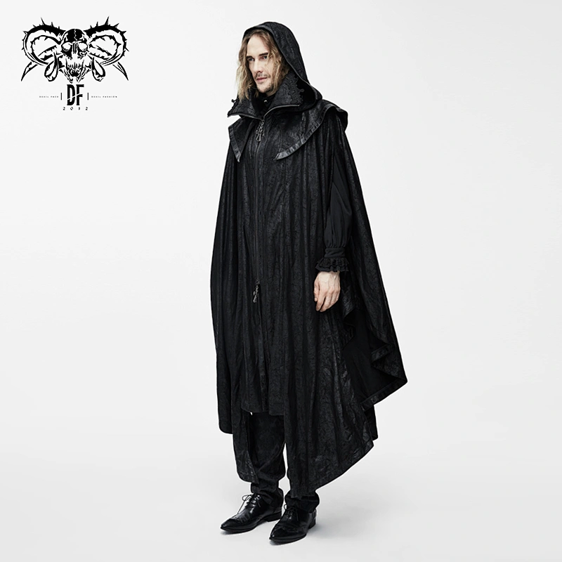 CT057 devil fashion game style big coattail zipper up gothic patterned unisex leather hooded long cloak