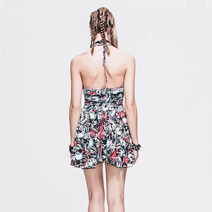 SKT014 Devil fashion daily life foxy girls colorful Ghost head printed lace up halter dress
