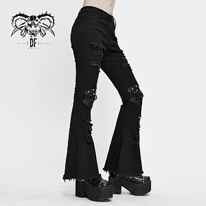 PT122 Devil fashion nailed and tied with rope knee ripped sexy women punk bell-bottomed pants