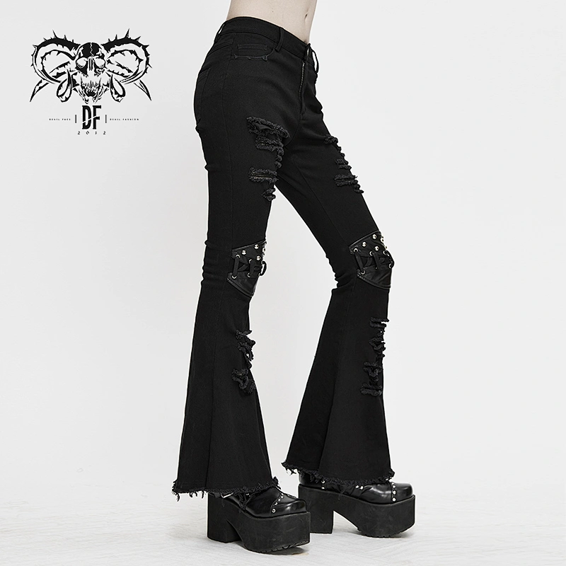 PT122 Devil fashion nailed and tied with rope knee ripped sexy women punk bell-bottomed pants