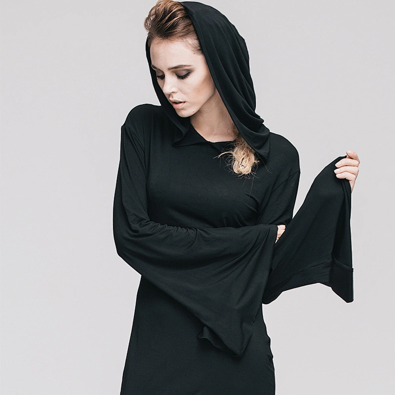 HOW110 Restless'N'Wild daily life wear sexy women middle length hooded casual black knit dress