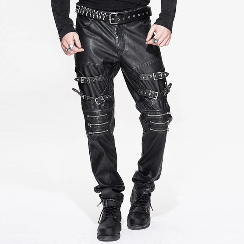 PT03701 Devil fashion winter everyday punk rock loose adjusted loops cool leather men trousers