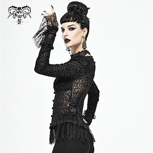 SHT056 Gothic floral flocking pattern lace cuff deep V neck sexy women black velvet blouse