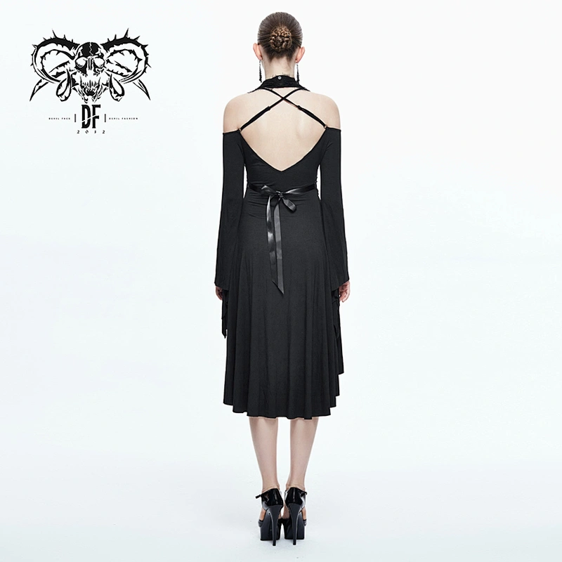 SKT048 Off the shoulder flared sleeve high-low lace black women stretchy Modal belted halter dress