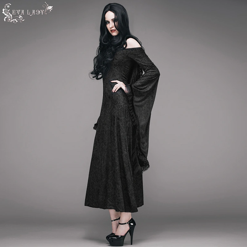 ECT002 Eva lady evening party flare sleeves black gothic patterned hooded long winter dress coat