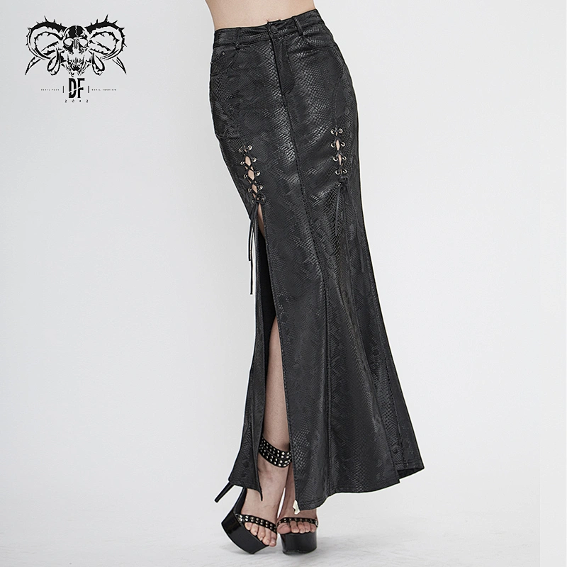 SKT124 punk Snakeskin pattern symmetrical high fork sexy women leather wrap skirt with pockets