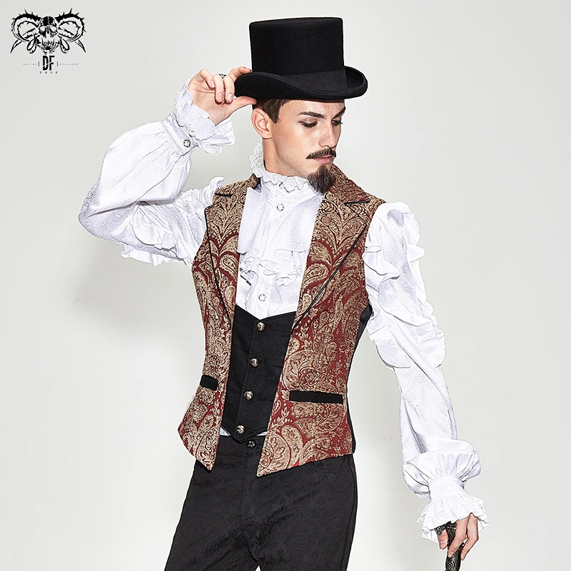 WT02501 red and gold turn down collar gothic party floral patterned jacquard men waistcoats with loop