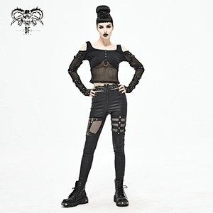 TT048 Punk rock rivets studded long sleeves mesh spliced sexy women off the shoulder mini T-shirt with loops