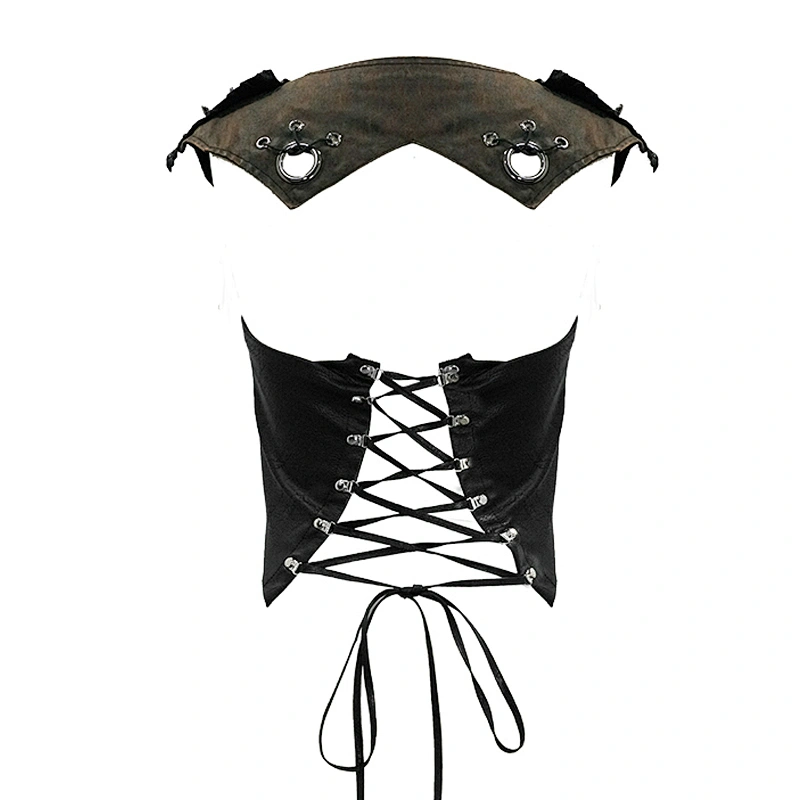 WT042 brown wasteland punk shabby raglan sleeve spiked lace up women small vest