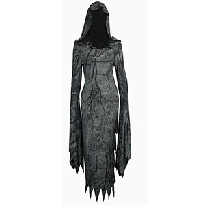 SKT050 gothic women flare sleeves pointy burr floral branches printed irregular tattered hooded dress