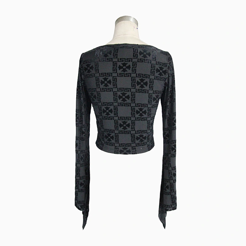 TT073 daily wearing O neck horn sleeves cross burnt out pattern velvet gothic sexy women short T-shirts