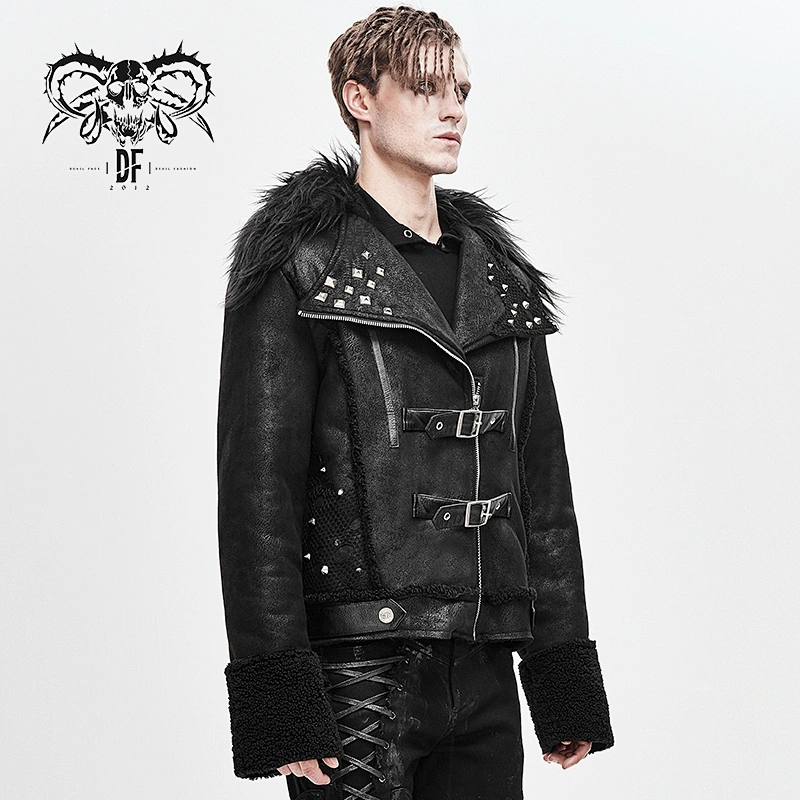 CT142 Devil fashion fur collar black zipper up punk rivets short leather jacket for men