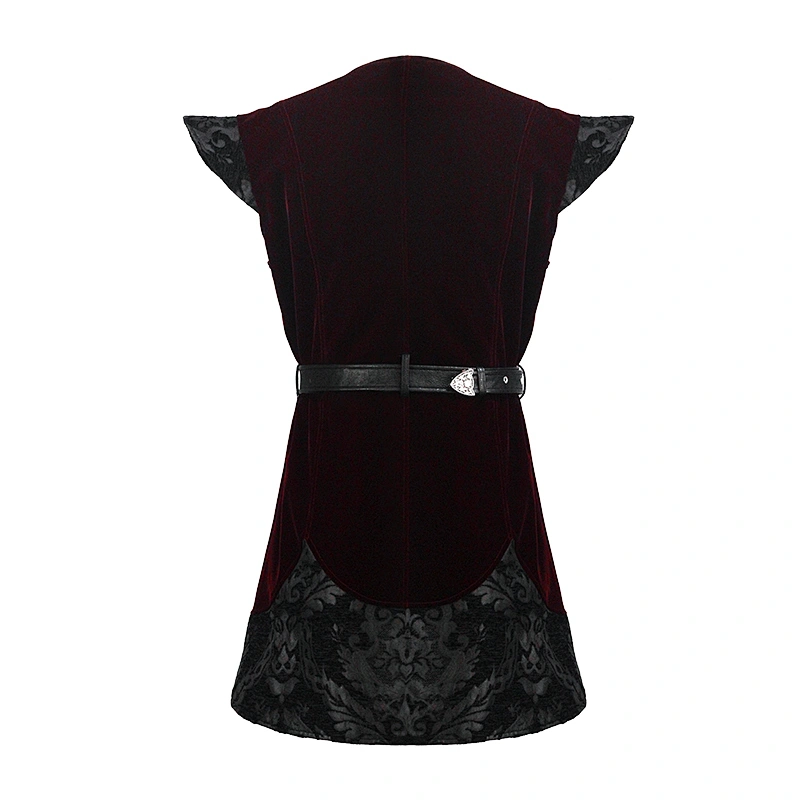 WT040 black and red velveteen jacquard gothic patterned men medium length belted waistcoat