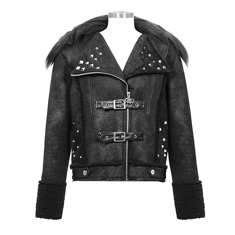 CT142 Devil fashion fur collar black zipper up punk rivets short leather jacket for men