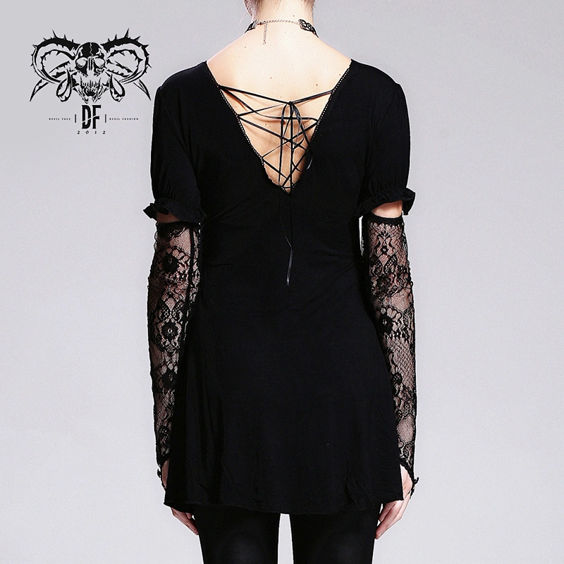 TT001 summer daily sexy women mid-length gothic patterned lace black Modal T-shirt with necklace
