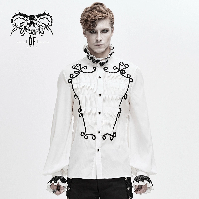 SHT04202 Devil fashion coffin gothic floral hand embroidered braid white chiffon men shirts