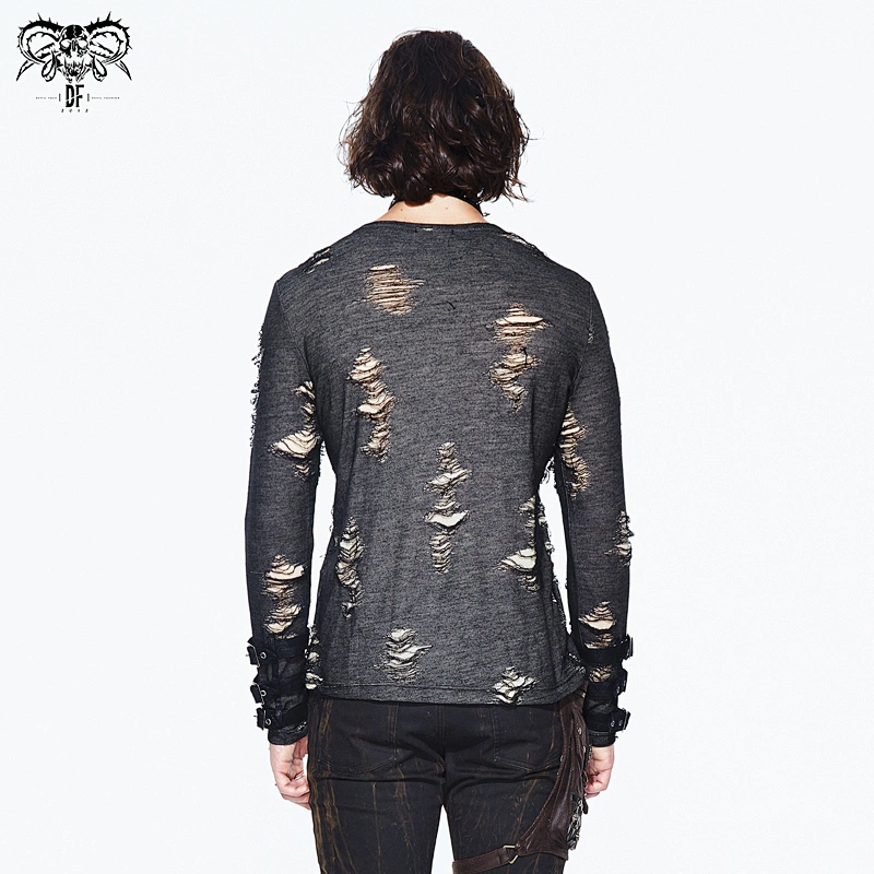 TT099 everyday wear O neck men black and apricot broken lines long sleeves autumn punk T-shirt with loops