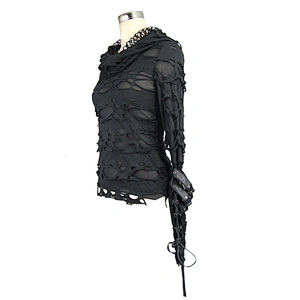 TT096 best seller women shabby clothes broken holes hooded finger covered mesh cuff punk sexy women top