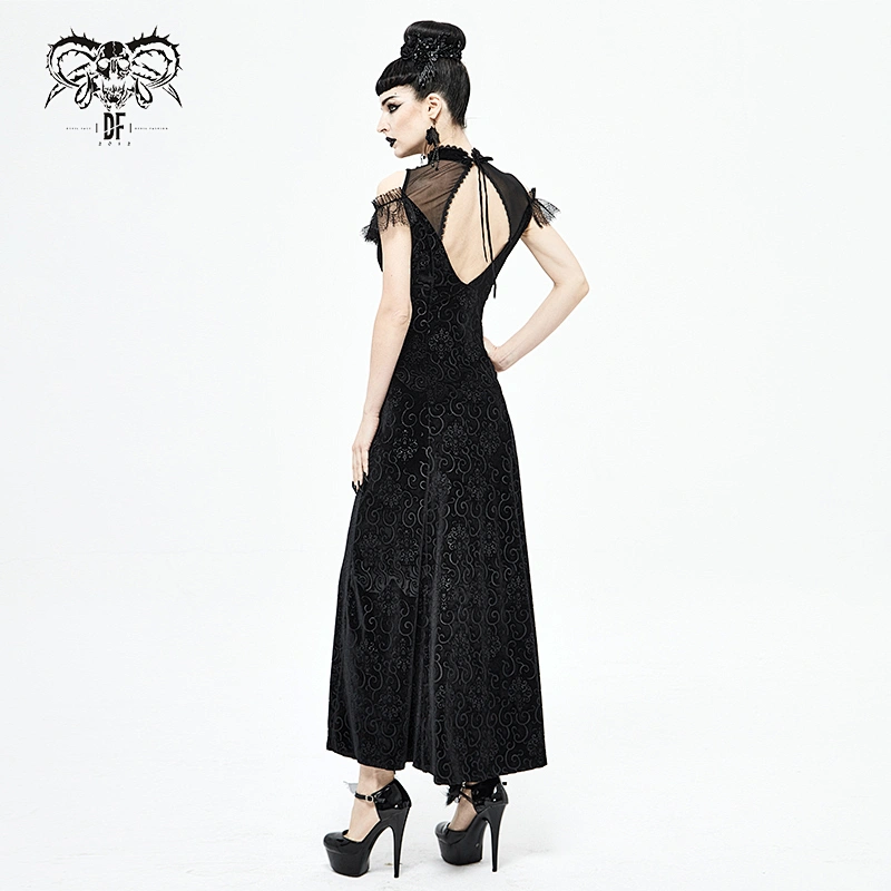 SKT128 everyday Gothic off the shoulder Cheongsam backless embossed velvet dress with high slit